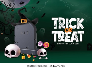 Halloween truque ou tratar o design do vetor de texto. Trick ou trate cartão de felicitações no fundo da noite assustador quintal com pedra grave e elementos de horror para a temporada de férias assustador . Ilustração vetorial 