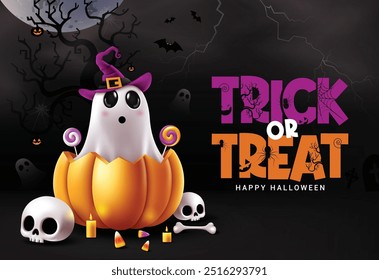 Halloween trick or treat text vector design. Trick or treat greeting card with ghost character sitting in curve pumpkin elements in dark night spooky background. Vector illustration kids party 