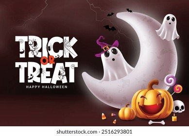 Halloween trick or treat text vector design. Trick or treat kids party invitation card with ghost, funny pumpkin, candies, skull, bone and candle elements in  thunderstorm creepy crescent moon night 