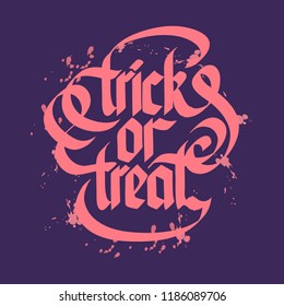 Halloween trick or treat typographical concept with pink letters on dark background flat vector illustration