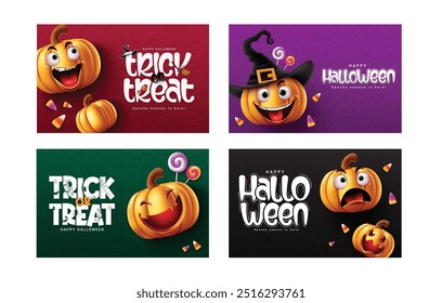 Halloween trick or treat vector banner set design. Halloween greeting text in colorful scary background with lantern pumpkins funny face for holiday squash poster collection . Vector illustration 