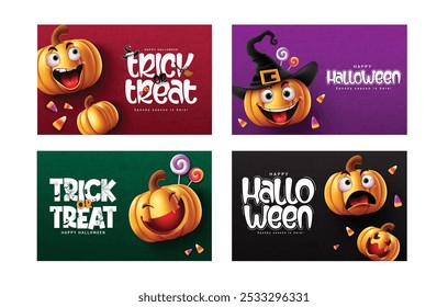 Halloween truque ou tratar design de conjunto de banner de vetor. Texto de saudação de Halloween em fundo assustador colorido com abóboras lanterna cara engraçada para férias squash poster coleção . Ilustração vetorial