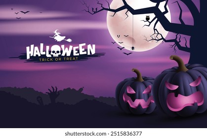 Halloween trick or treat vector design. Halloween greeting text with purple jack o pumpkins elements in night full moon background. Vector illustration horror scary holiday card design. 
