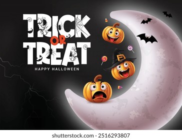 Halloween trick or treat vector design. Trick or treat greeting text with cute funny scary pumpkins in crescent moon dark night thunderstorm background. Vector illustration spooky kids party 