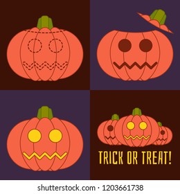halloween - trick or treat! vector icon set with pumpkins - traditional halloween attribute. flat style.