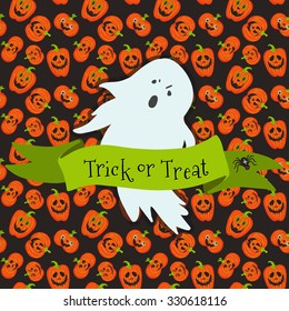 Halloween trick or treat vector illustration with decorative ribbon, text, ghost on pumpkin background, scarry and funny faces