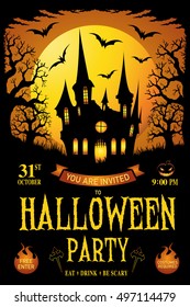 Halloween. trick or treat. Vector illustration. Happy Halloween Poster. Haunted house halloween background. Happy halloween card.  Halloween party flyer with pumpkins, tree in front of scary castle.