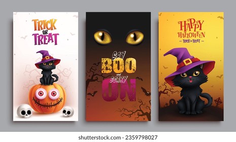 Halloween trick or treat vector poster set design. Halloween greeting text postcard collection with cute witch kitten characters in graveyard background. Vector illustration greeting card postcard 