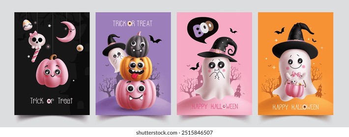 Halloween truque ou tratar o design de conjunto de pôsteres vetoriais. Feliz texto de saudação de halloween com abóboras e personagens fantasmas bonitos para a coleção de modelo de cartão de convite da festa. Truque de ilustração vetorial 