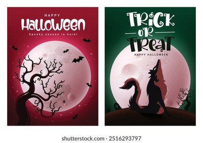 Diseño de conjunto de póster de Vector de truco o trato de Halloween. Tarjeta de felicitación feliz de Halloween con el árbol de la silueta, el lobo y los Elementos del murciélago en fondo espeluznante de la noche de la luna llena. Ilustración vectorial fiesta de vacaciones 