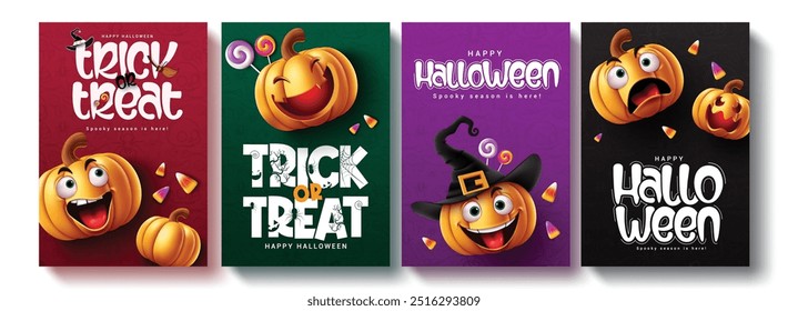 Halloween trick or treat vector poster set design. Halloween greeting text with cute and funny pumpkins for kids party invitation card in colorful spooky background. Vector illustration horror 