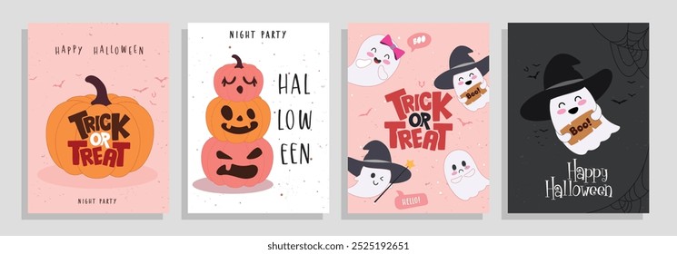 Diseño de conjunto de póster de Vector de truco o trato de Halloween. Truco o trato de texto de saludo con calabazas y personajes fantasmas Elementos para la colección de la tarjeta de invitación de fiesta de terror. feriado de Ilustración vectorial