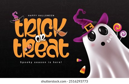 Halloween trick or treat vector template design. Trick or treat greeting text  with creepy ghost character wearing witch purple hat in empty space spooky black background. Vector illustration skittish