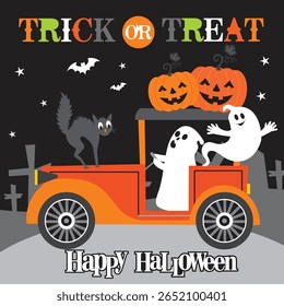 Halloween Trick or Treat Vintage carro com abóboras e fantasmas