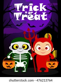 Halloween trick or treating background with children in Halloween costume 