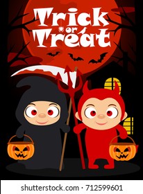 Halloween trick or treating background with kids in Halloween costume 