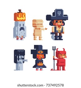 Halloween trick or treating costume kids. Pixel art characters set. Isolated vector illustration.