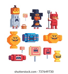 Halloween trick or treating costume kids. Pixel art characters set. Isolated vector illustration.