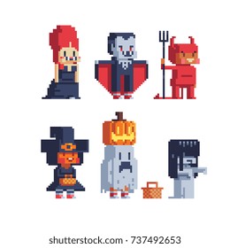 Halloween trick or treating vampire, chost, cute witch and devil cute costume kids. Pixel art characters set. Isolated vector illustration.