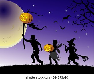 Halloween Trick or Treat-vector illustration of children Halloween silhouette