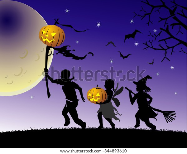 Halloween Trick or Treat-vector illustration\
of children Halloween\
silhouette
