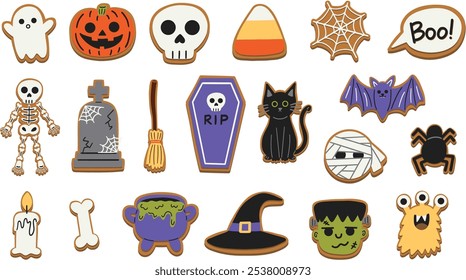 Halloween trick-or-treat gingerbread cookies. With designs featuring black cat, ghost, skeleton, skull, witch's broomstick, cauldron, hat, mummy, zombie and more. Hand drawn vector illustrations.