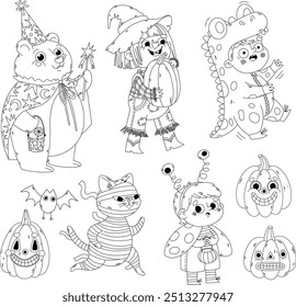 Halloween trick-or-treat kids and animals in costumes coloring page	