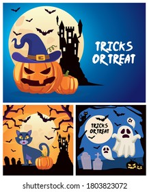 halloween tricks or treat lettering with castle and ghosts floating scenes vector illustration design