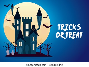 halloween tricks or treat lettering with castle night scene vector illustration design
