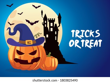 halloween tricks or treat lettering with castle and pumpkin vector illustration design