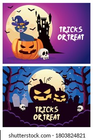 halloween tricks or treat lettering with cat and pumpkin in cemetery scenes vector illustration