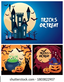 halloween tricks or treat lettering with cauldron and pumpkins in castle scenes vector illustration