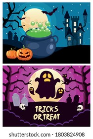 halloween tricks or treat lettering with ghosts and castle scenes vector illustration design