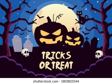 halloween tricks or treat lettering with pumpkins in cemetery night scene vector illustration design