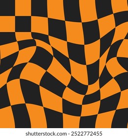 Fondo de pantalla a cuadros de Halloween Trippy. Psicodélico. Fondo estupendo. Ilustración vectorial hippie en estilo Y2k. Antiguas distorsionado patrón geométrico naranja.