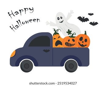 Halloween truck with ghost,pumpkins,bats. Cartoon illustration. Vector illustration isolated on white background. Carved pumpkin.