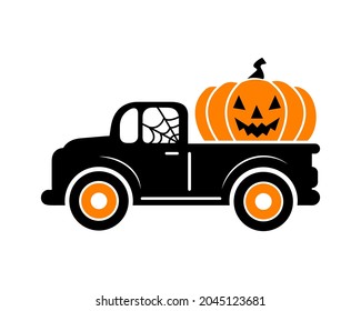 Halloween truck  silhouette with orange pumpkin. Automobile with autumn harvest isolated on white background. Vector flat illustration. Design for banner, poster, sale, greeting card