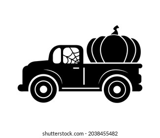 Halloween truck  silhouette with pumpkins. Automobile with autumn harvest isolated on white background. Vector flat illustration. Design for banner, poster, sale, greeting card