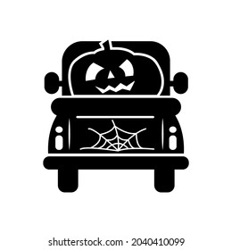 Halloween truck  silhouette with pumpkins. Outline automobile with autumn harvest isolated on white background. Vector flat illustration. Design for banner, poster, sale, greeting card