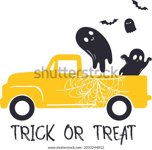 Halloween truck svg vector Illustration isolated\
on white background.Halloween pumpkin truck with ghost. Halloween\
truck with pumpkin face sublimation. Halloween shirt\
design