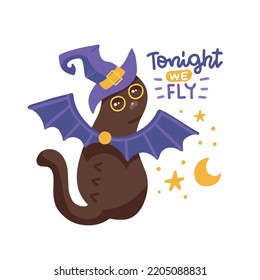 Halloween t-shirt design with decorated phrase Tonight we fly and cute black cat weating bat wings and with hat. Perfect design for halloween celebration. Vector flat illustration isolated on white svg