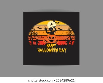 Halloween T-shirt design featuring a zombie, full moon, bats, and jack-o'-lanterns.