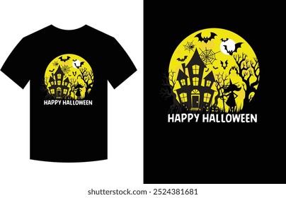 Design de camiseta de Halloween, fantasma, bruxa, vetor de casa de Halloween