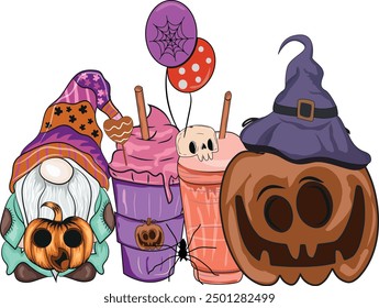 Diseño de la camiseta de Halloween con el gnomo de Halloween y la calabaza