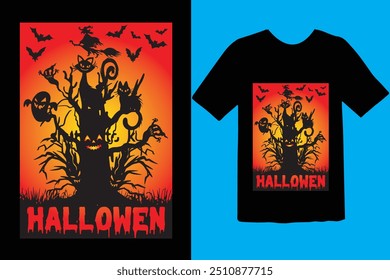 Halloween t-shirt design. tipografia gráfica feriado horror tee shirt. criativo vetor t shirt. Isolado no plano de fundo preto. Perfeito para itens de impressão e bolsas, cartaz, cartão