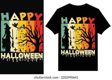 Halloween T-Shirt Design Graphics. Vector cartoon style illustration of pumpkin, witch cat, and bats much more