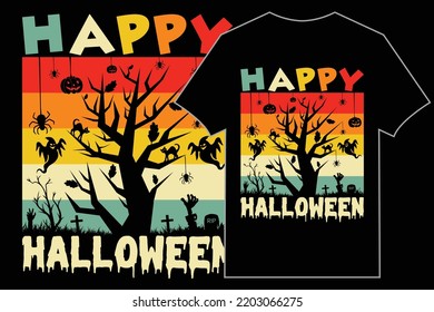 Gráficos de diseño de camisetas de Halloween. Ilustración vectorial de árbol, bruja, murciélagos y mucho más