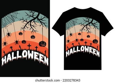 Halloween T-Shirt Design Graphics. Vector cartoon style illustration of pumpkin, witch cat, and bats.