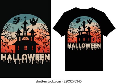 Halloween T-Shirt Design Graphics. Vector cartoon style illustration of pumpkin, witch cat, and bats.