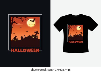 Halloween T-Shirt Design For Horror Lover With Full Moon, bat, tree and pumpkin concept